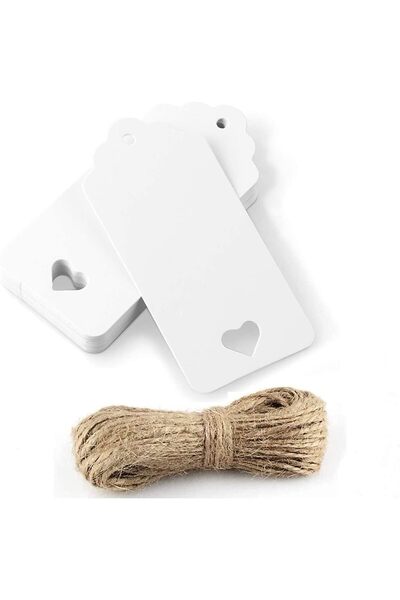 naturevo 100 Adet Kalp Desenli Beyaz Etiket Kartı – 4x9 cm – 300 gr – 20 m Jü...