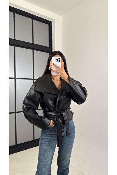Gaus Black Leather Lined Belted Jacket Gaus-00338
