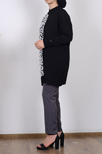 Armine 25YTD4110 Siyah Kadın Beyaz Leopar Detaylı Balıkçı Yaka Triko Tunik