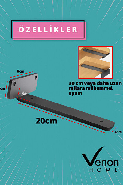 VENON 2 Adet 20 Cm Siyah Metal Raf Ayağı Raf Altı Tutucu L Köşe Konsol Raf Tutucu Deprem Dolap Sabitleyici