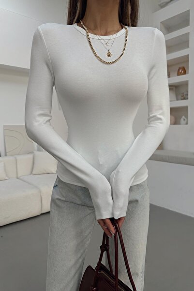 mylove Round Double Stitched Neck Basic Blouse White