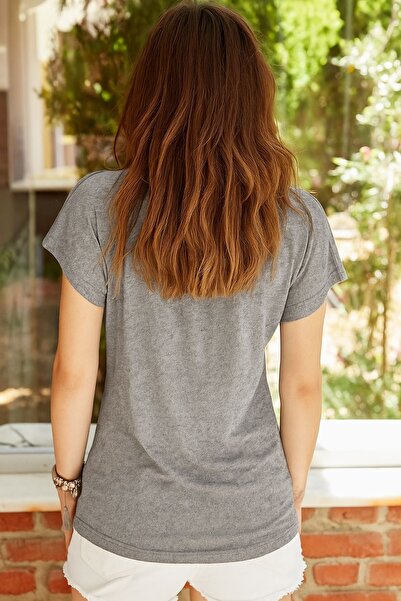 Marvine Women's Gray V-Neck Short Sleeve T-Shirt