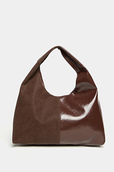 Madamra Brown Suede and Patent Leather Contrast Women's Shopper Shoulder Bag – Soft Form Vintage Model