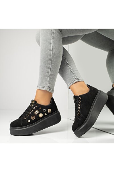 Modlet.ro Pantofi sport negri din piele întoarsă întoarsă pentru femei cu det...