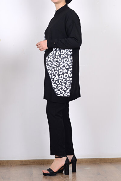 Armine 25YTD4109 Siyah Kadın Beyaz Leopar Desenli Yarım Balıkçı Yaka Triko Tunik