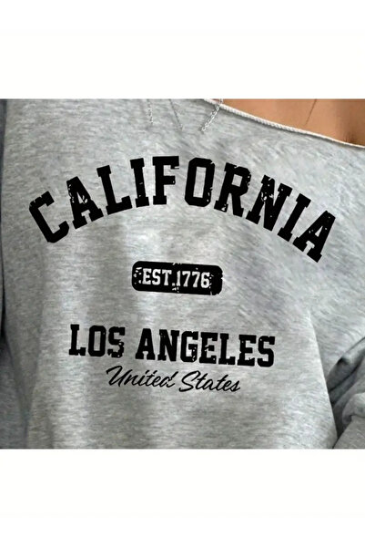 LOUİSA Kadın Gri LosAngeles California Baskılı Kayık Yaka Sweatshirt
