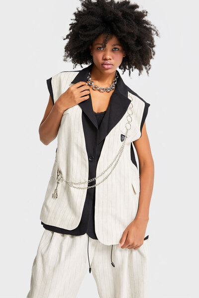 its basic Vestă de damă, bej, cu dungi, culoare negru, bej, cu accesorii, cu detalii, cu design largi