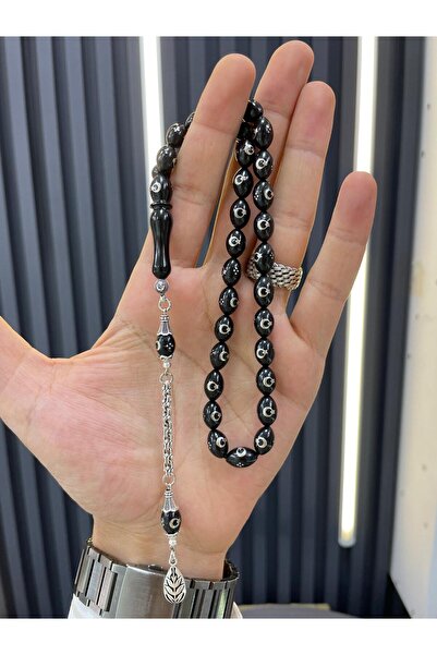 AHMET SİLVER Gümüş İşlemeli Ay Yıldız Motifli Oltu Taşı Tesbih