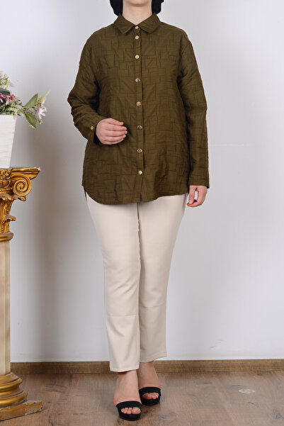 Armine 25KT542 Koyu Haki Kadın Düğmeli Gömlek Tipi Ceket