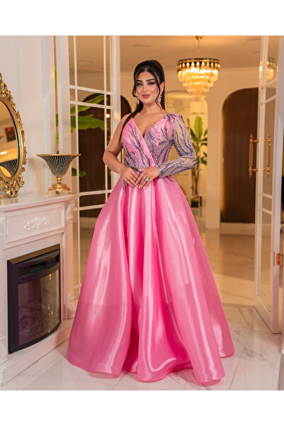 DADO BELLA Pembe Asimetrik Yaka Tek Kol Payetli Boncuklu Kloş Etekli Saten Abiye