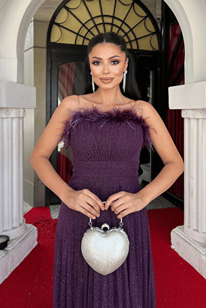 giyimmasalı Rochie de seară cu guler din țesătură din tul argintiu cu detaliu de pliuri Otriş - PURPLE PATLICAN