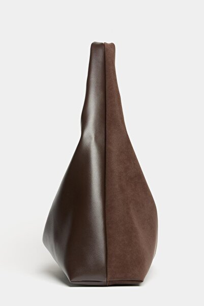 Madamra Brown Suede and Pu Leather Contrast Women's Shopper Shoulder Bag – Soft Form Vintage Model