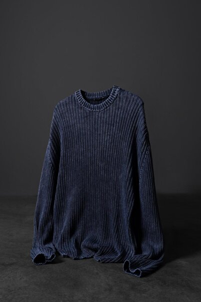 Slatra Ανδρικό πουλόβερ με λαιμόκοψη μεγάλου μεγέθους από μαλλί με ανάμεικτο μαλλί Indigo Washed