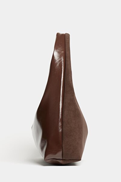 Madamra Brown Suede and Patent Leather Contrast Women's Shopper Shoulder Bag – Soft Form Vintage Model