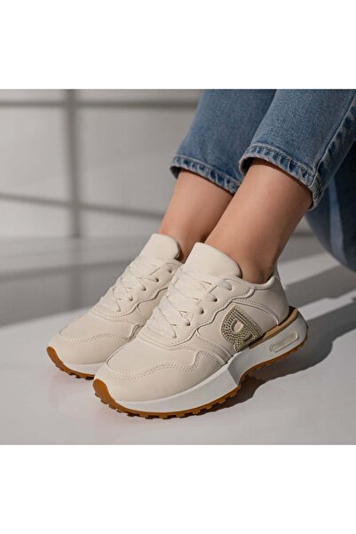 Modlet.ro Women's beige sports shoes with laces and metallic details with sto...