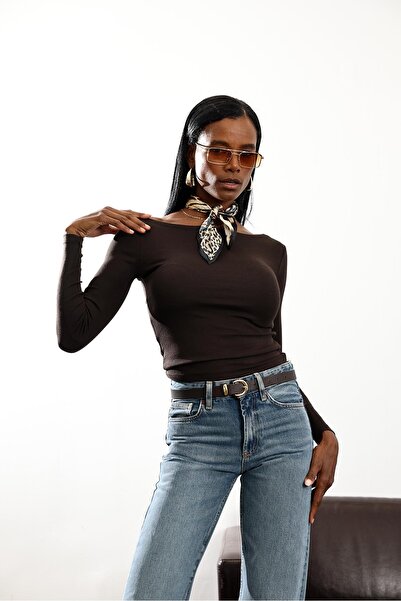 5in1Canpolat Bitter Brown Boat Neck Long Sleeve Basic T-Shirt 16483