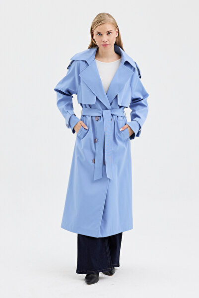 DOLCEBELLA KADIN REGLAN KOL RÜZGARLIK DETAYLI MAVİ TRENÇKOT