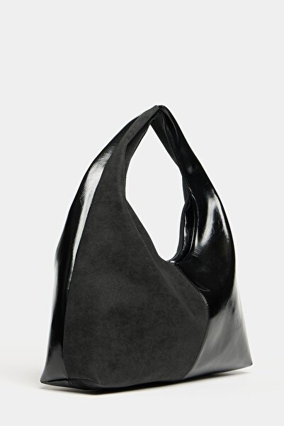 Madamra Black Suede and Patent Leather Contrast Women's Shopper Shoulder Bag – Soft Form Vintage Model