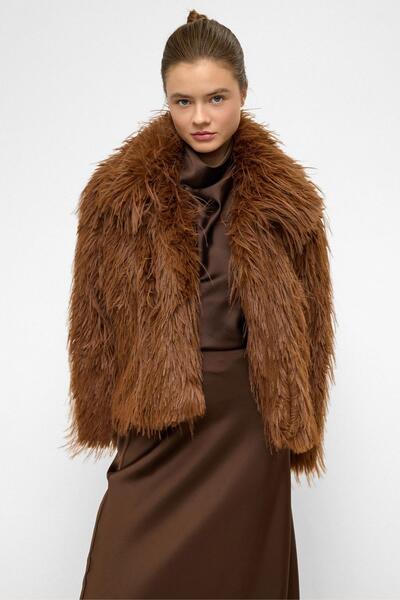 Olcay Oversize Long Fur Faux Fur Coat Taba 1011