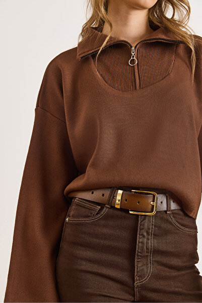 Olalook Women's Brown Zippered Stand Collar Crop Knit Sweater Kzk-19000854