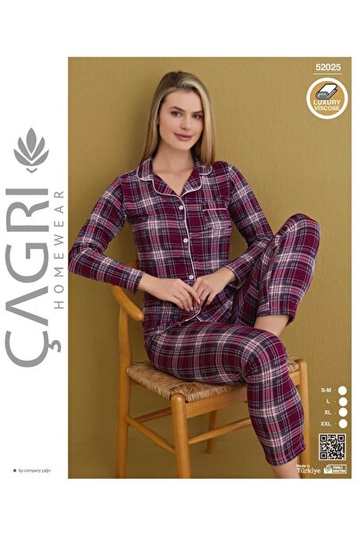 Çağrı Γυναικείο σετ πιτζάμες με μακρυμάνικο ροζ καρό σχέδιο από βισκόζη με κο...