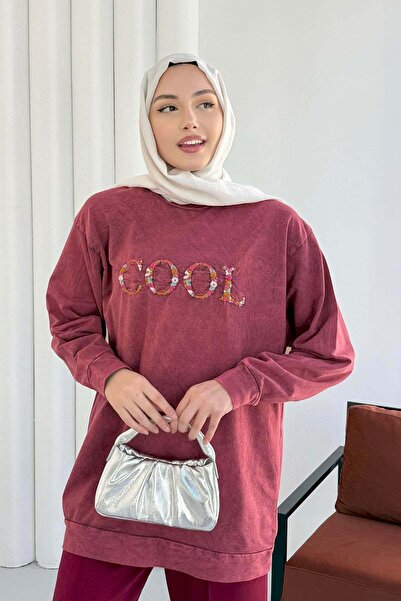 Hatun Atila Tunica lavabilă cu broderie în față cu gât rotund 8920 - roșu