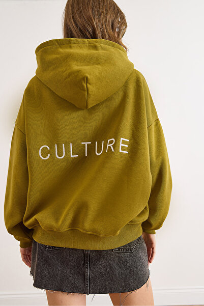 Olalook Kadın Yağ Yeşili Sırt Culture Nakışlı Şardonlu Oversize Sweatshirt SWT-19000755