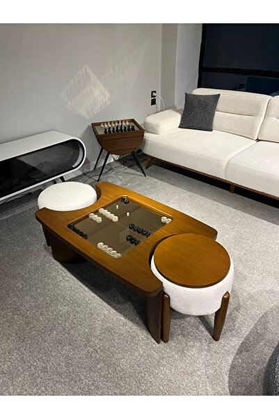 Haliloğlu Tavla Sehpası Takımı, 2 Puf ve Oyun Sehpası, Koyu Ceviz