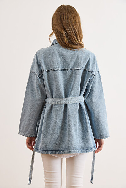 Olalook Kadın Açık Mavi Cepli Kuşaklı Uzun Denim Ceket CKT-19000474