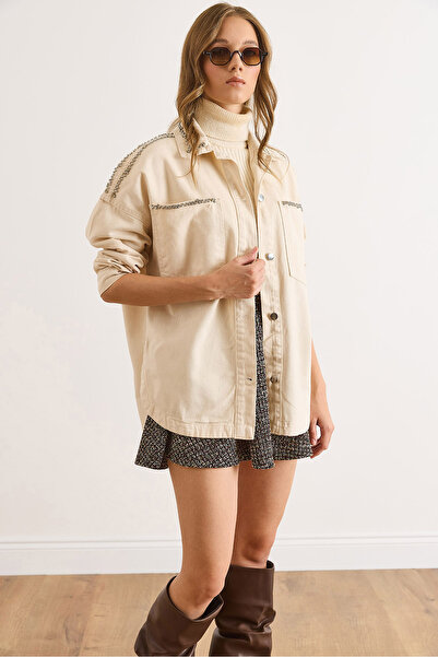 Olalook Women's Stone Shoulder Pockets Stone Detailed Cotton Gabardine Jacket Ckt-19000470