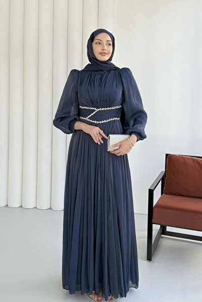 Modaensarbutik Belden Oturtmalı Taş İşlemeli Jan Jan Tesettür Abiye-LACİVERT