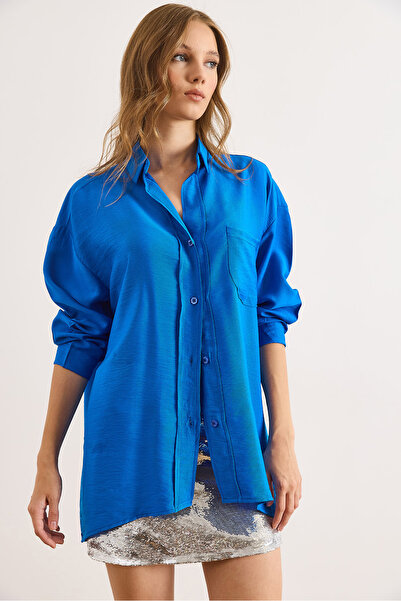 Olalook Жіноча сорочка Saks з синіми кишенями Oversize Javanes GML-19001395