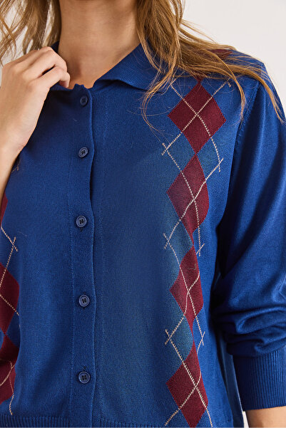 Olalook Women's Navy Blue Baklava Pattern Soft Textured Knitwear Cardigan Hrk-19000415