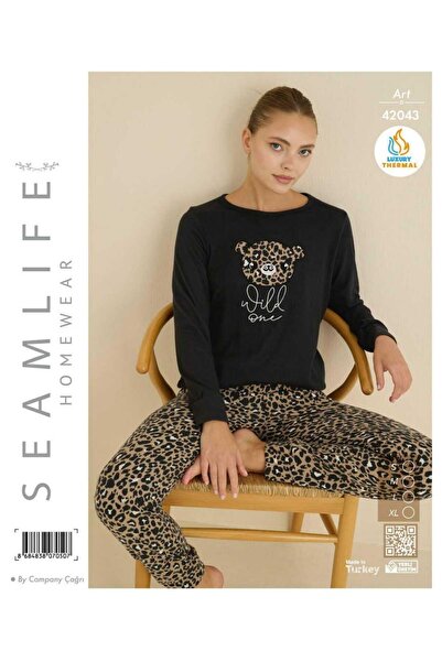 seamlife Kadın Leopar Desenli Uzun Kollu Termal Pijama Takımı