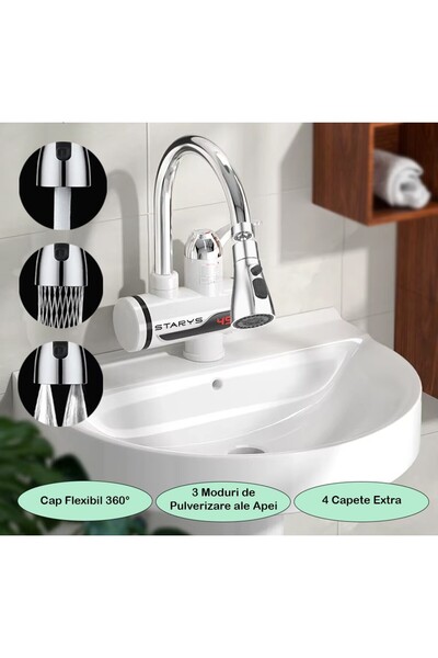 STARYS Robinet Electric Instant Apa Calda STARYS, Afisaj Digital + Cap Flexibil 360° + 4x Capete Incluse