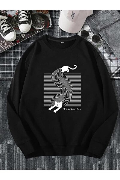 Le Savu The Kitten cu imprimeu Black Color guler rotund Swea tricou