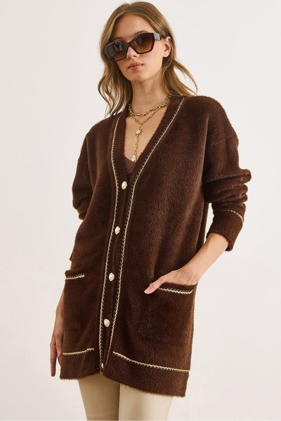 Olalook Women's Bitter Brown Leaf Rope Detailed Thick Pocketed Long Beard Cardigan Hrk-19000408
