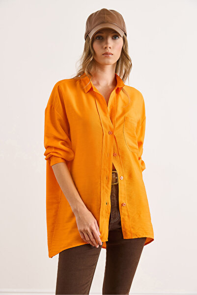 Olalook Women's Orange Pocket Oversize Javanes Shirt Gml-19001395