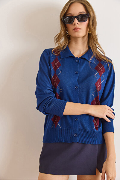 Olalook Women's Navy Blue Baklava Pattern Soft Textured Knitwear Cardigan Hrk-19000415