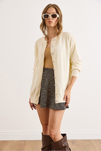 Olalook Women's Ecru Crew Neck Button Detailed Long Beard Cardigan Hrk-19000413