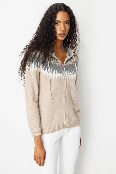 Desen Triko Women's Hooded Robe Diamond Pattern Cardigan Dark Beige