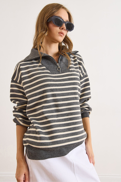 Olalook Pulover de tricotat casual pentru femei, cu guler înalt, cu fermoar, KZK-19001001