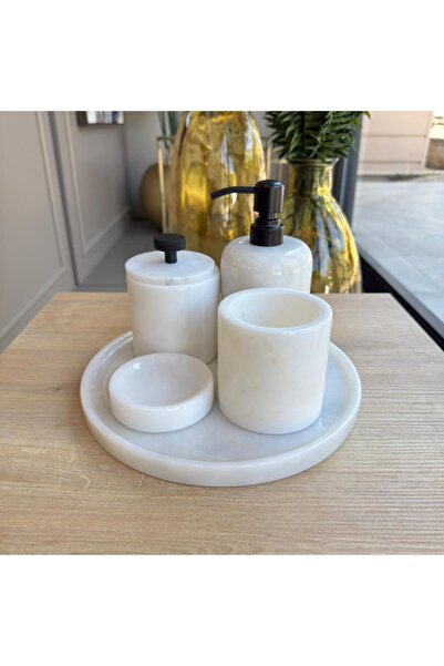 LİSPERA طقم حمام من الرخام الأبيض مكون من خمس قطع مع أجهزة معدنية سوداء، طقم حمام من الرخام الأبيض مكون من خمس قطع، هدية منزلية