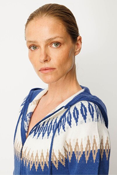 Desen Triko Women's Hooded Robe Argyle Cardigan Blue