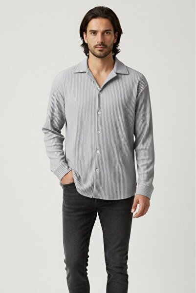 NO 601 Мъжка сива раирана риза от османска тъкан с широка кройка