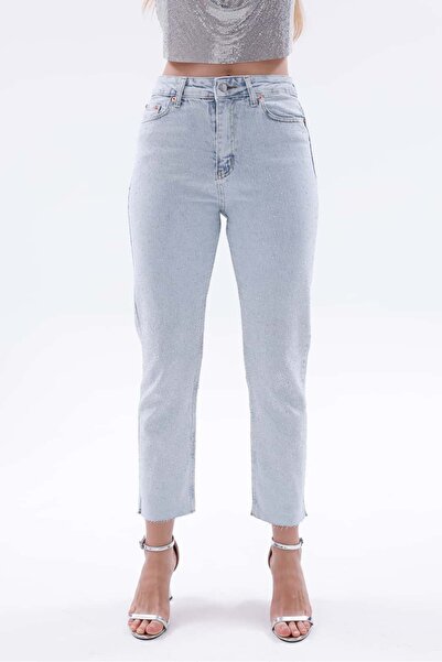 Pulli Collection Işıltılı Taş Detaylı Yüksek Bel Mom Fit Jean Pantolon