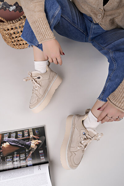 moda sara Bej Süet Kürklü Kadın Bot