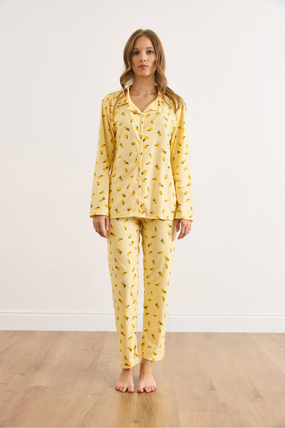 Olalook Дамски комплект пижама от лимоненожълт велур с текстура PJM-00000023