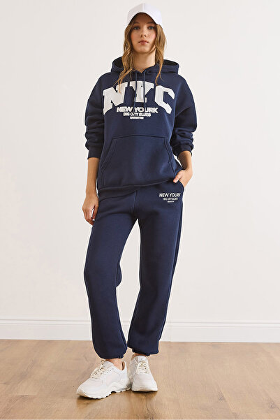 Olalook Women's Nyc Navy Blue Printed Ribbed Thick Tracksuit Set Etkm-0000088