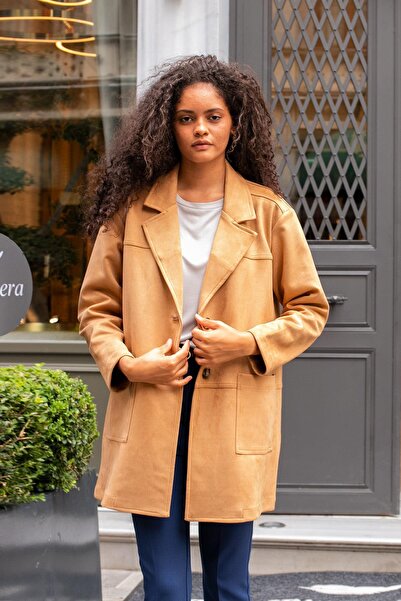 Jument Women's Lightweight Lycra Suede Fabric Collar Long Sleeve Pocketed Sport Stitched Oversize Jacket Coat-Light Camel